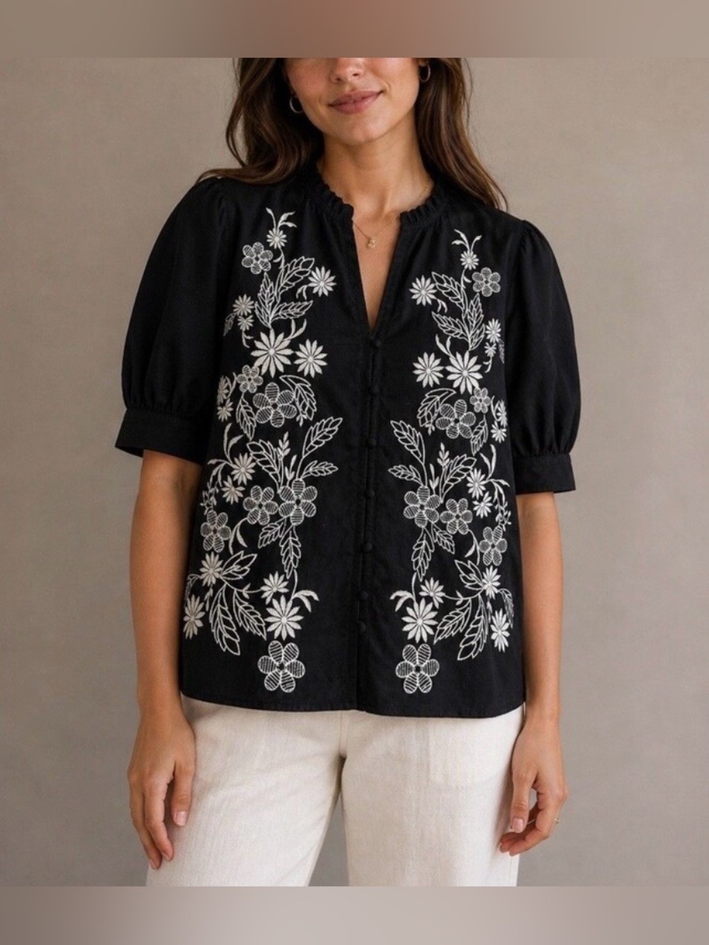 NWT Calypso St. Barth 100% Cotton Embroidered Floral Button-Front Top -Black- XL